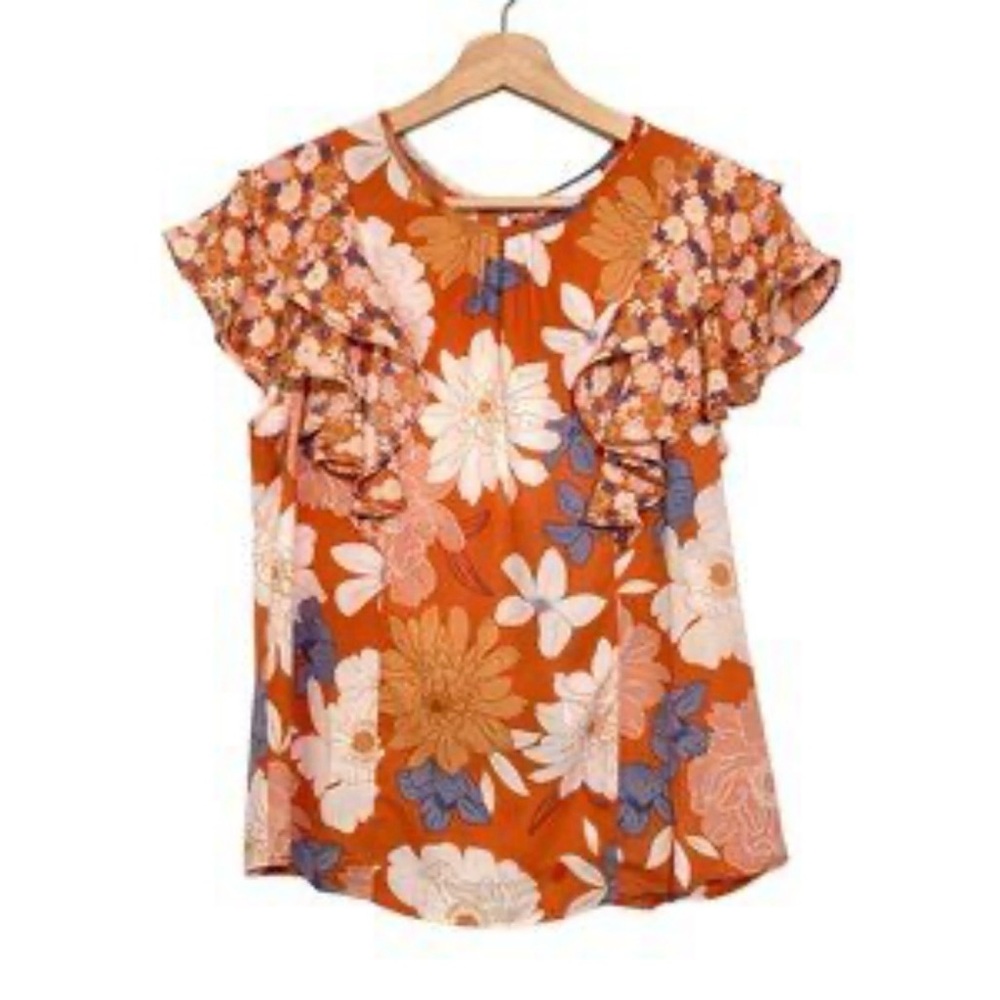 DR2 Daniel Rainn Orange & Blue Floral Ruffle Sleeve Blouse Sz XL